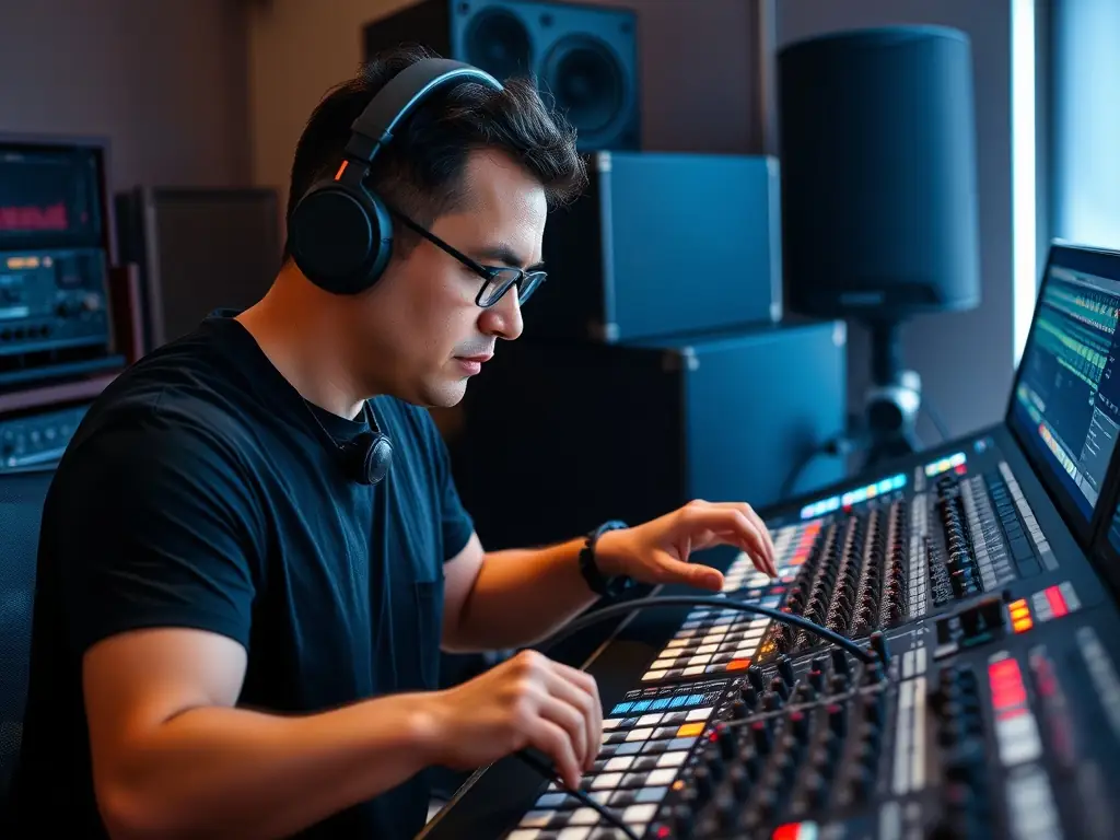 A high-resolution image depicting a professional sound engineer adjusting settings on a digital mixing console during a live music event, showcasing StreamCraft's sound system capabilities.