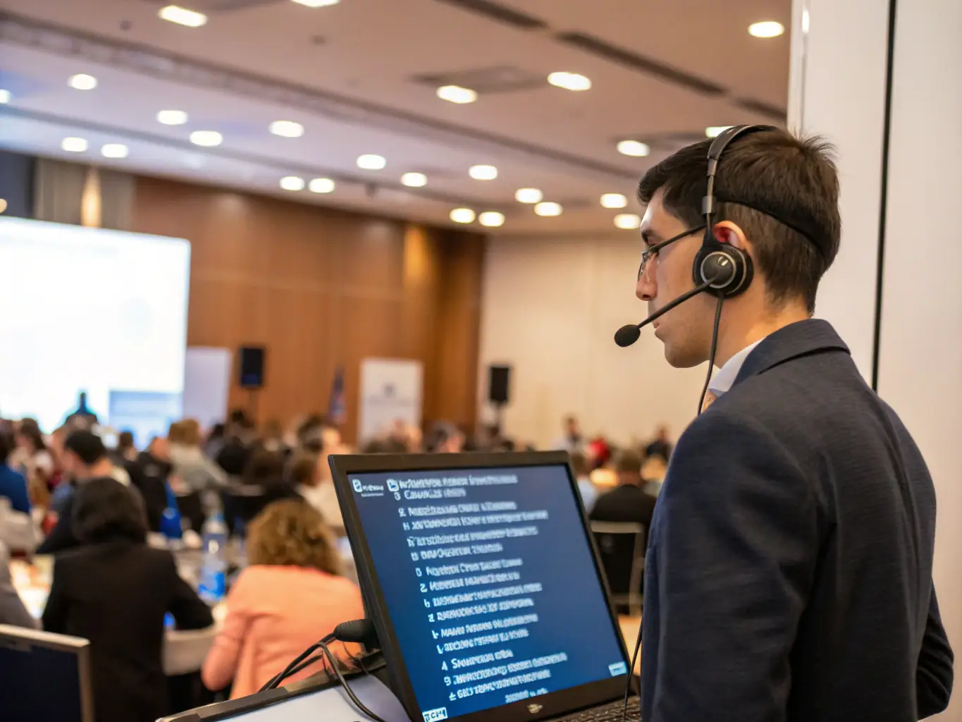 An image showing simultaneous interpreters in soundproof booths during an international conference, emphasizing StreamCraft's simultaneous translation system offerings.