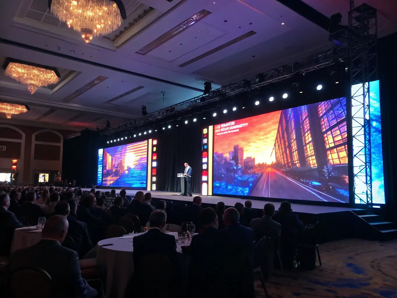 A vibrant image of a large LED screen displaying dynamic visuals at a corporate event, highlighting StreamCraft's LED screen and projection solutions.