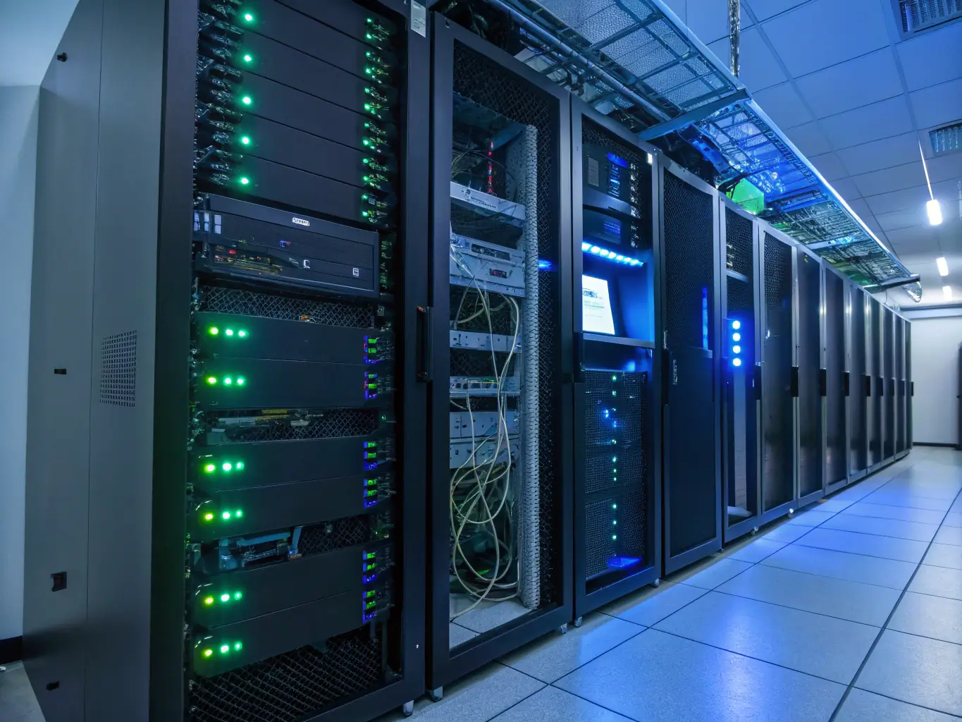 A high-quality image depicting a server room with blinking lights and network cables, symbolizing the robust infrastructure behind StreamCraft's streaming services. The image should convey reliability and high performance.